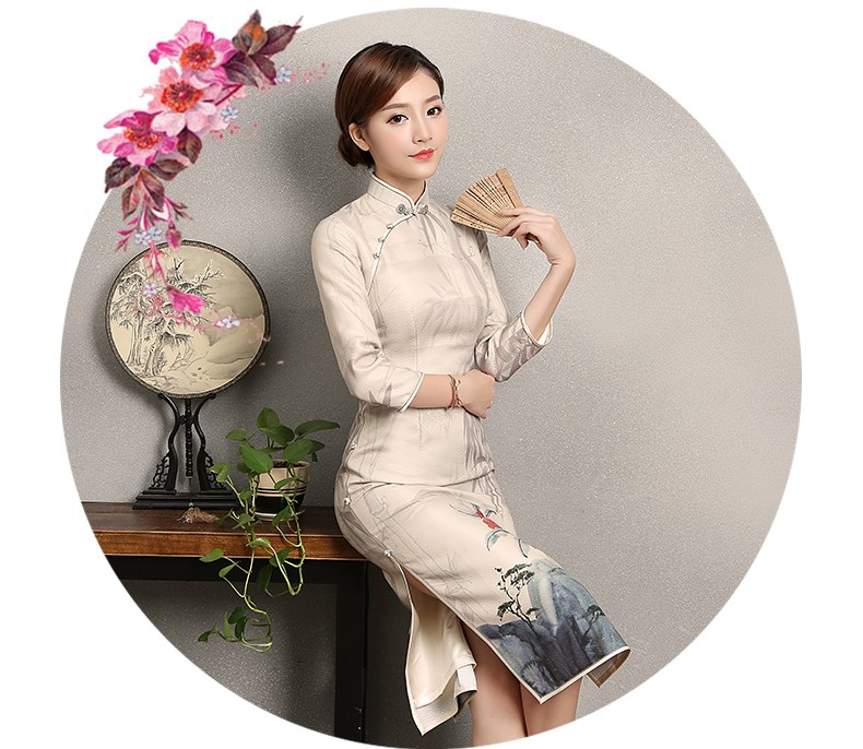水墨山水印花染旗袍，復(fù)古中國風(fēng)旗袍裙