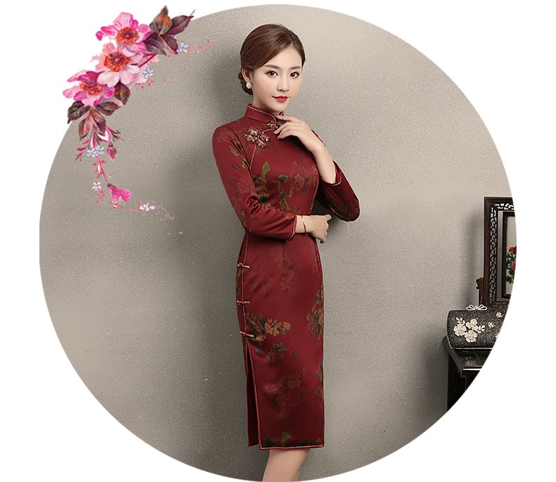 深紅色印花旗袍，復(fù)古中國風(fēng)旗袍裙