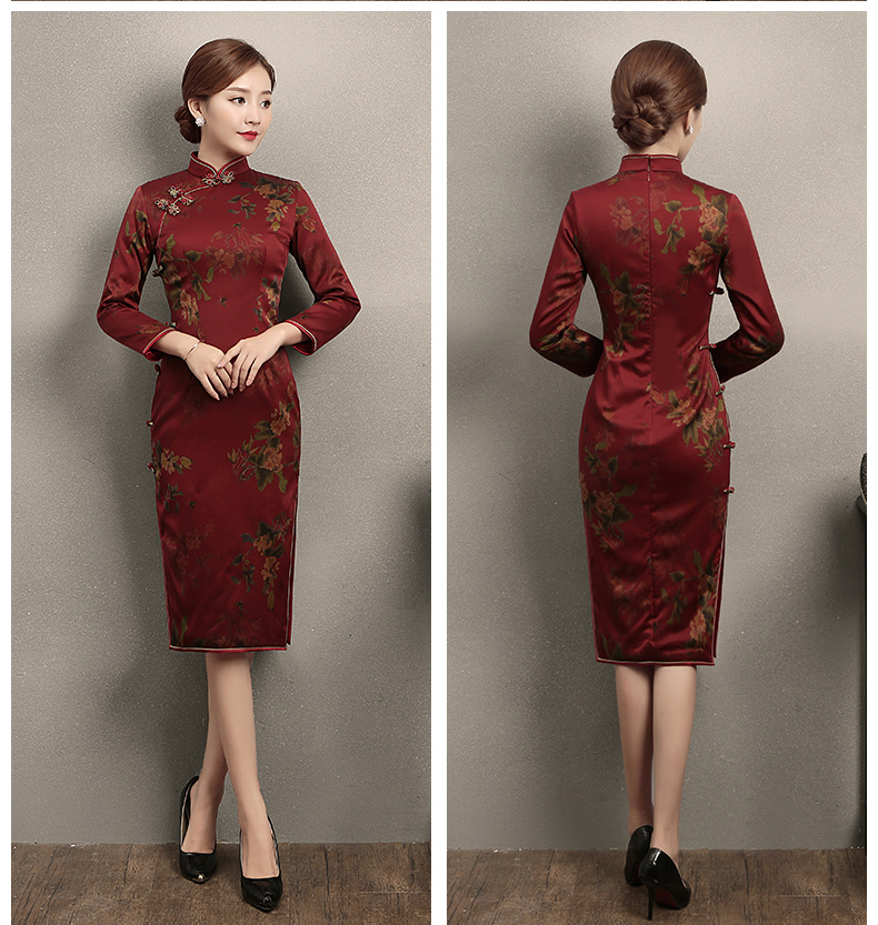 深紅色印花旗袍，復(fù)古中國風(fēng)旗袍裙