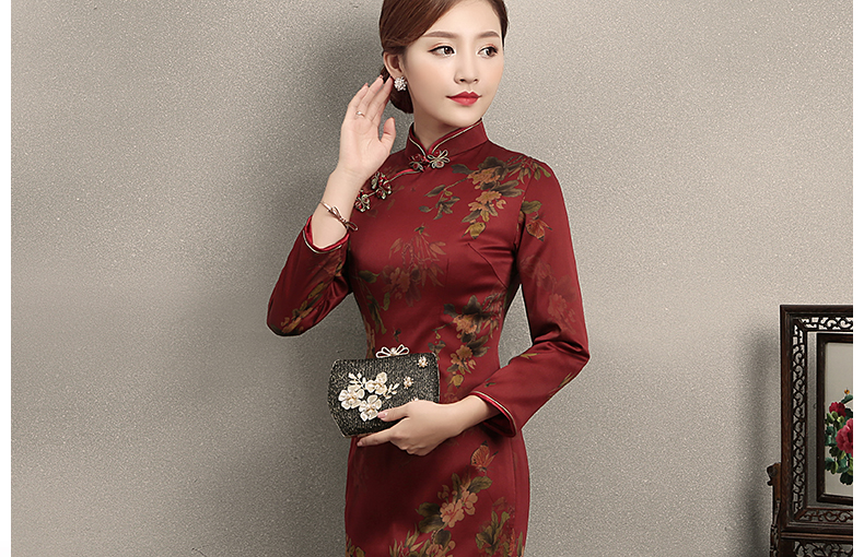 深紅色印花旗袍，復(fù)古中國風(fēng)旗袍裙