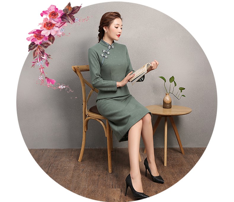 素凈灰綠色旗袍，復(fù)古中國風(fēng)旗袍裙
