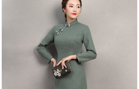 素凈灰綠色旗袍，復(fù)古中國(guó)風(fēng)旗袍裙