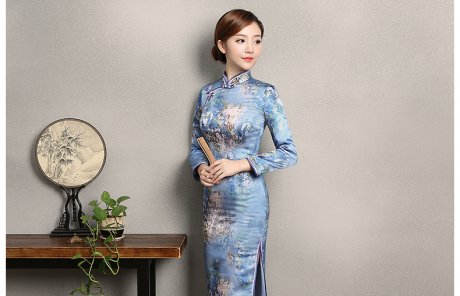藍色印花開叉旗袍，時尚優(yōu)雅旗袍裙