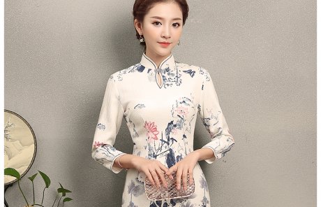 中國風(fēng)水墨荷花印花旗袍，復(fù)古中式白色旗袍裙