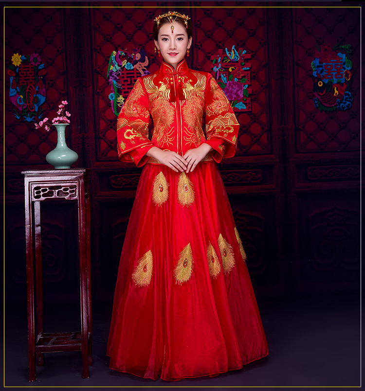 羽毛繡花蕾絲裙新娘禮服，時(shí)尚中式禮服