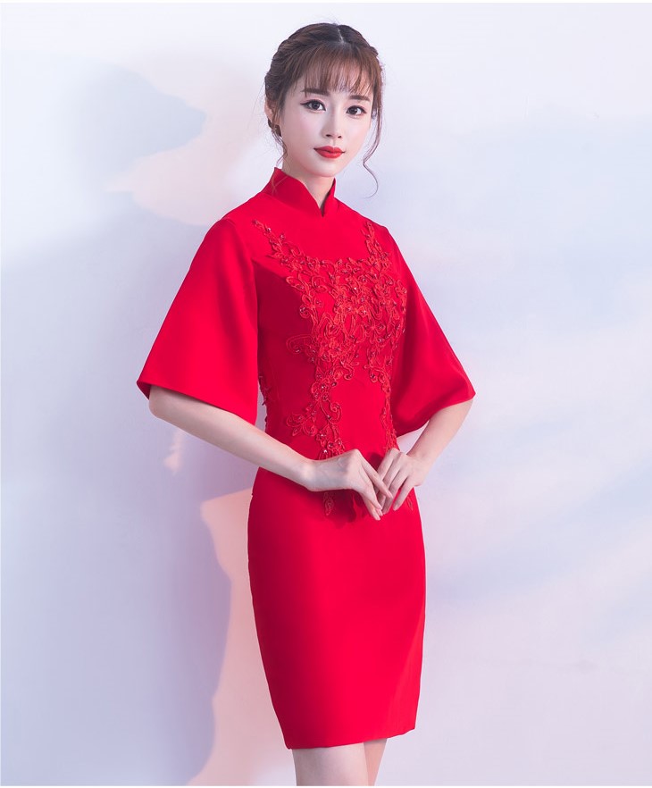 氣質小禮服裙，短款紅色中式禮服