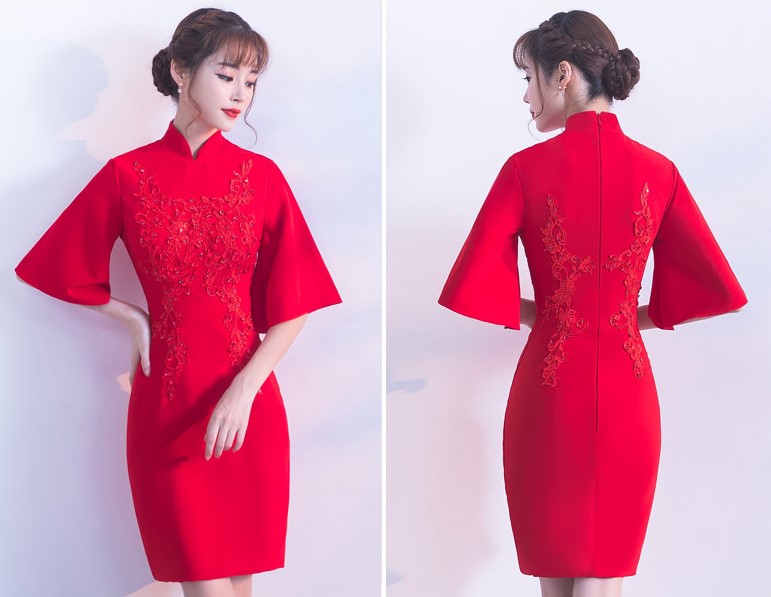 氣質小禮服裙，短款紅色中式禮服