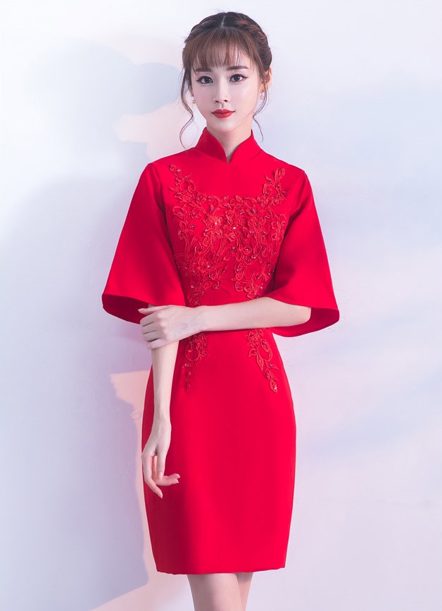氣質小禮服裙，短款紅色中式禮服