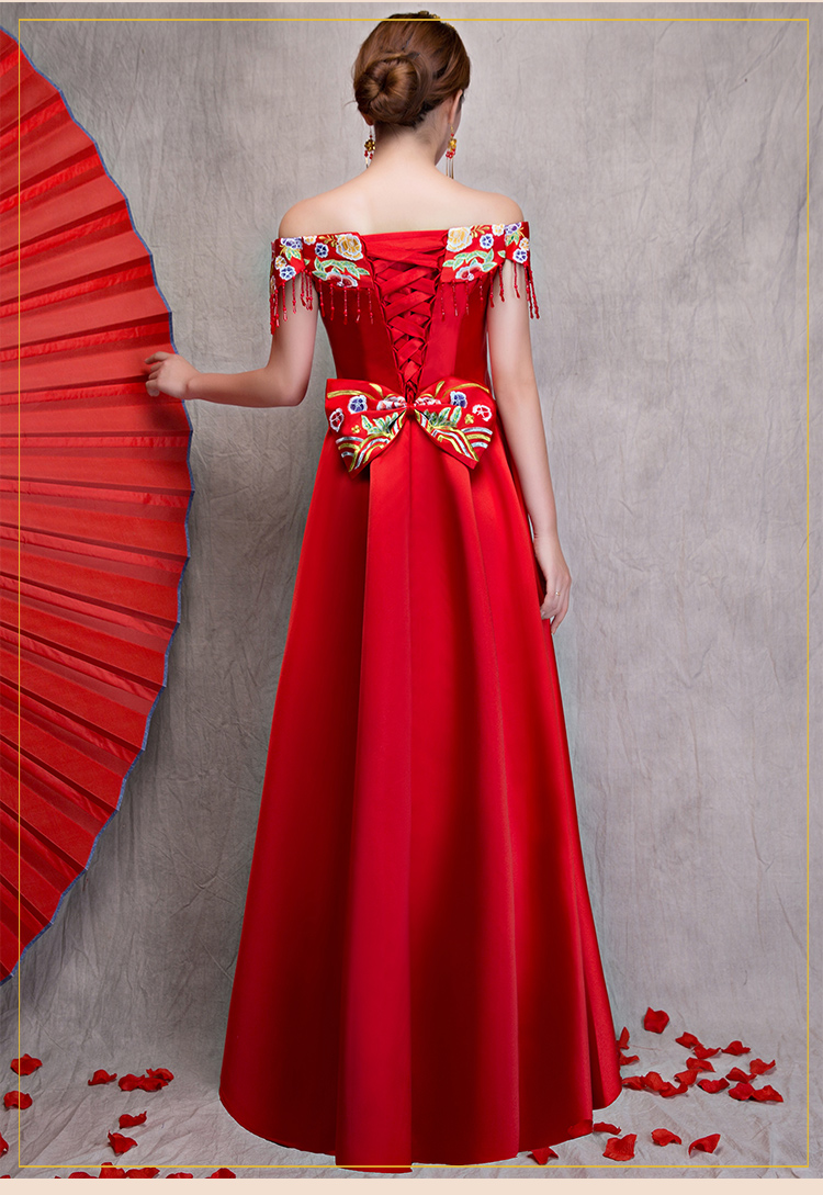 時尚一字肩無袖中式禮服，中國風(fēng)新娘禮服