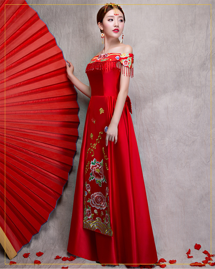 時尚一字肩無袖中式禮服，中國風(fēng)新娘禮服