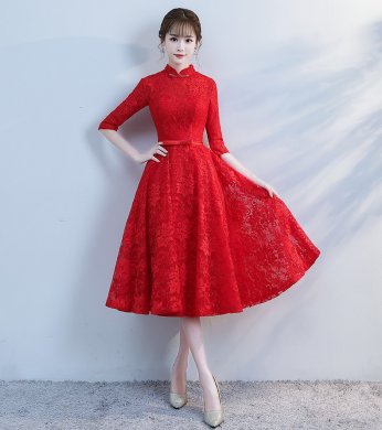 復(fù)古立領(lǐng)中式禮服，蕾絲中袖晚禮服