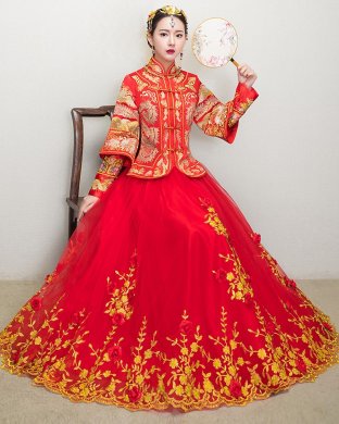 復(fù)古龍鳳褂中式禮服，蕾絲網(wǎng)紗裙新娘結(jié)婚禮服