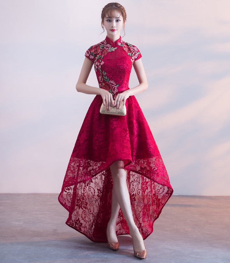 端莊優(yōu)雅中式禮服，前短后長晚禮服