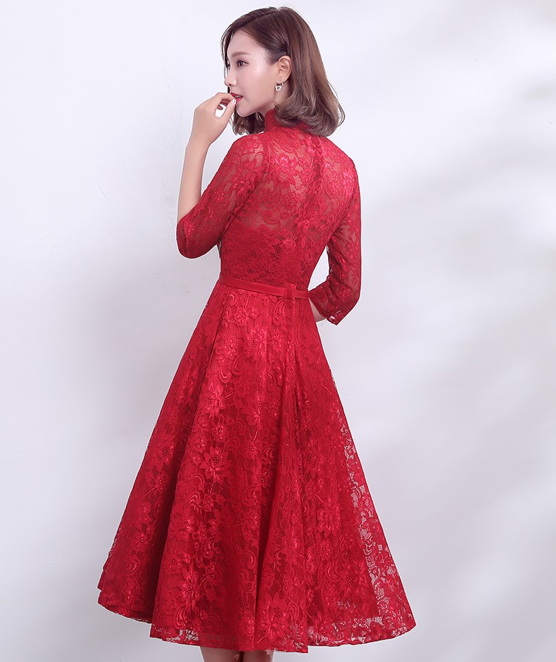 復(fù)古時(shí)尚中式禮服，中國(guó)風(fēng)紅色七分袖晚禮服