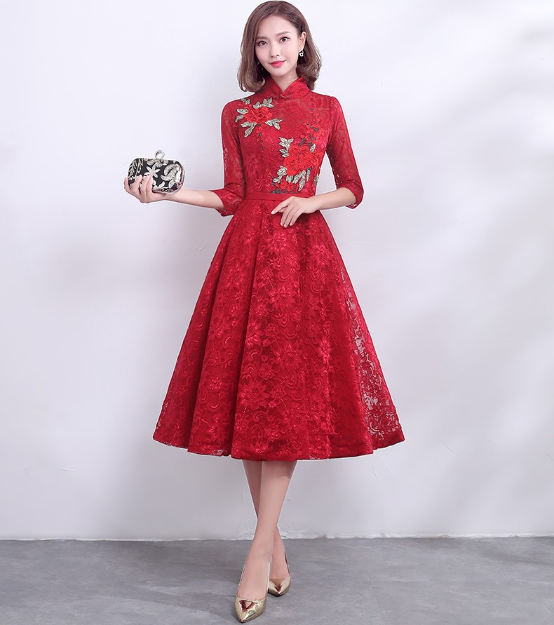 復(fù)古時(shí)尚中式禮服，中國(guó)風(fēng)紅色七分袖晚禮服