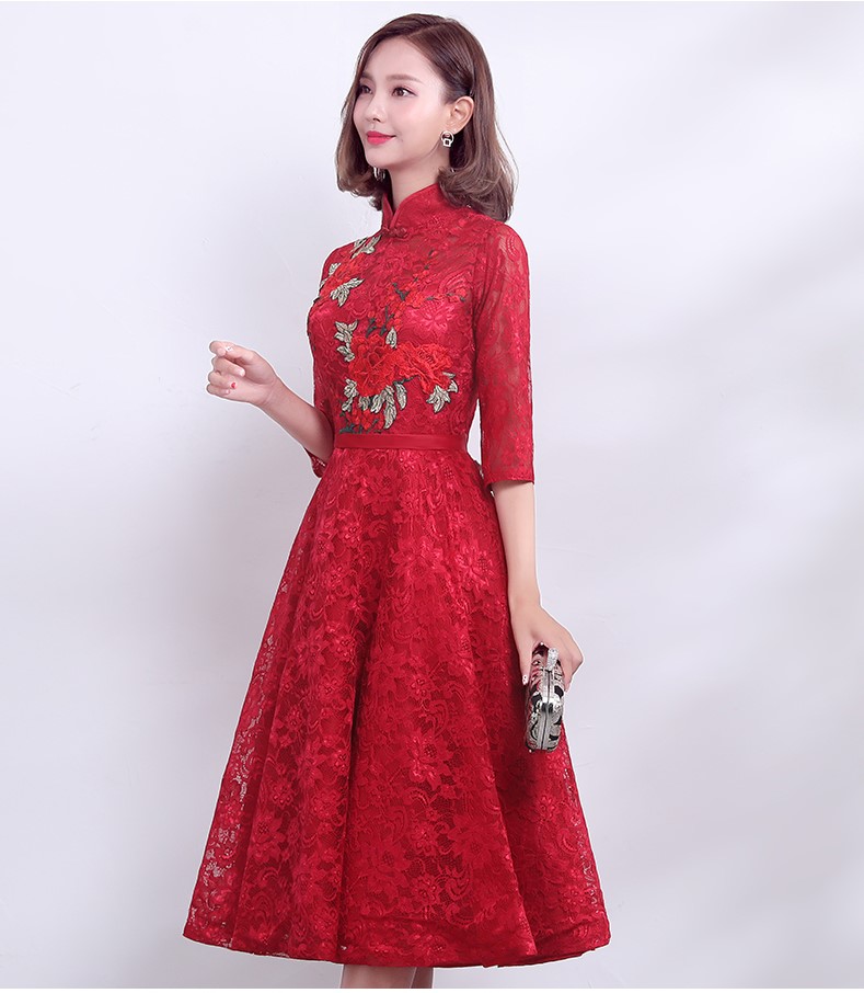 復(fù)古時(shí)尚中式禮服，中國(guó)風(fēng)紅色七分袖晚禮服