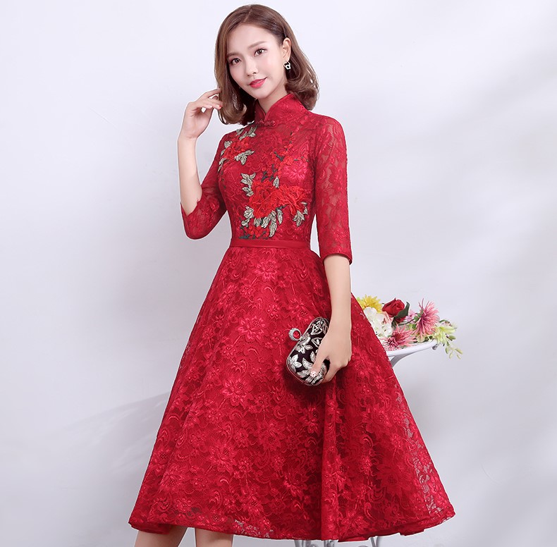 復(fù)古時(shí)尚中式禮服，中國(guó)風(fēng)紅色七分袖晚禮服