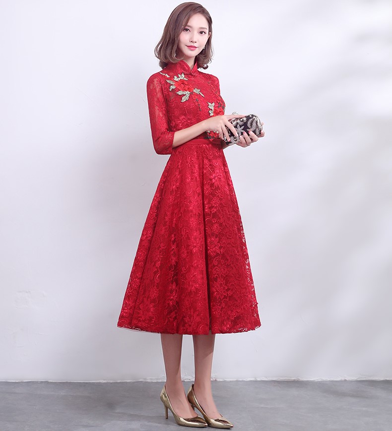 復(fù)古時(shí)尚中式禮服，中國(guó)風(fēng)紅色七分袖晚禮服