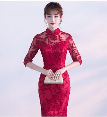 精致復(fù)古中式禮服，蕾絲魚尾晚禮服