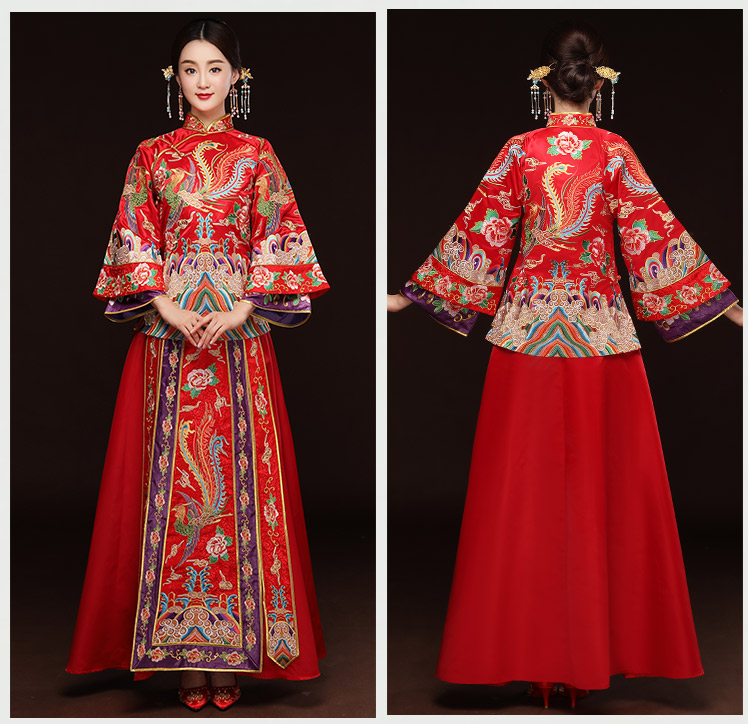 精美鳳凰斜襟新娘禮服，奢華刺繡中式禮服