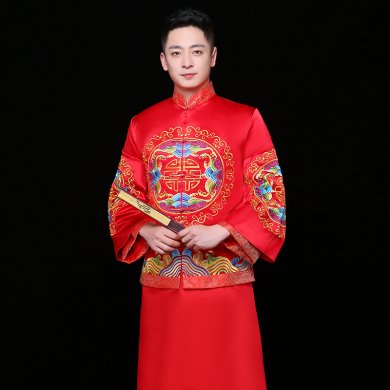 秀禾服男裝中式禮服，紅色雙喜新郎禮服