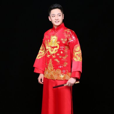 金龍刺繡男士中式禮服，時(shí)尚中國(guó)風(fēng)新郎禮服