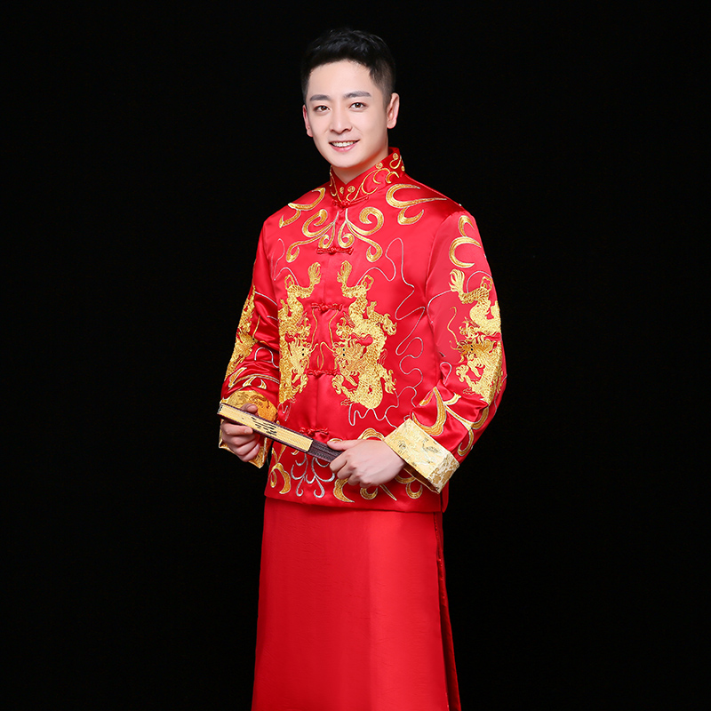 雙龍刺繡男士中式禮服，時(shí)尚中國(guó)風(fēng)新郎禮服