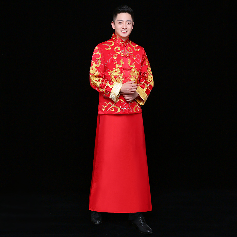 雙龍刺繡男士中式禮服，時(shí)尚中國(guó)風(fēng)新郎禮服