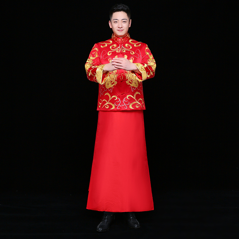 雙龍刺繡男士中式禮服，時(shí)尚中國(guó)風(fēng)新郎禮服