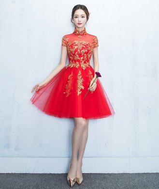 蕾絲復(fù)古立領(lǐng)中式禮服，時(shí)尚優(yōu)雅網(wǎng)紗晚禮服