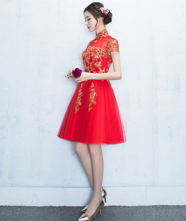 蕾絲復古立領中式禮服，時尚優(yōu)雅網(wǎng)紗晚禮服