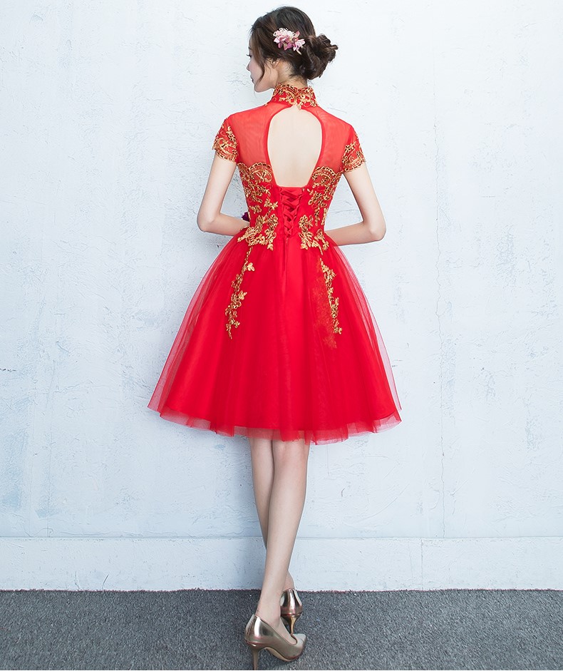 蕾絲復古立領中式禮服，時尚優(yōu)雅網(wǎng)紗晚禮服