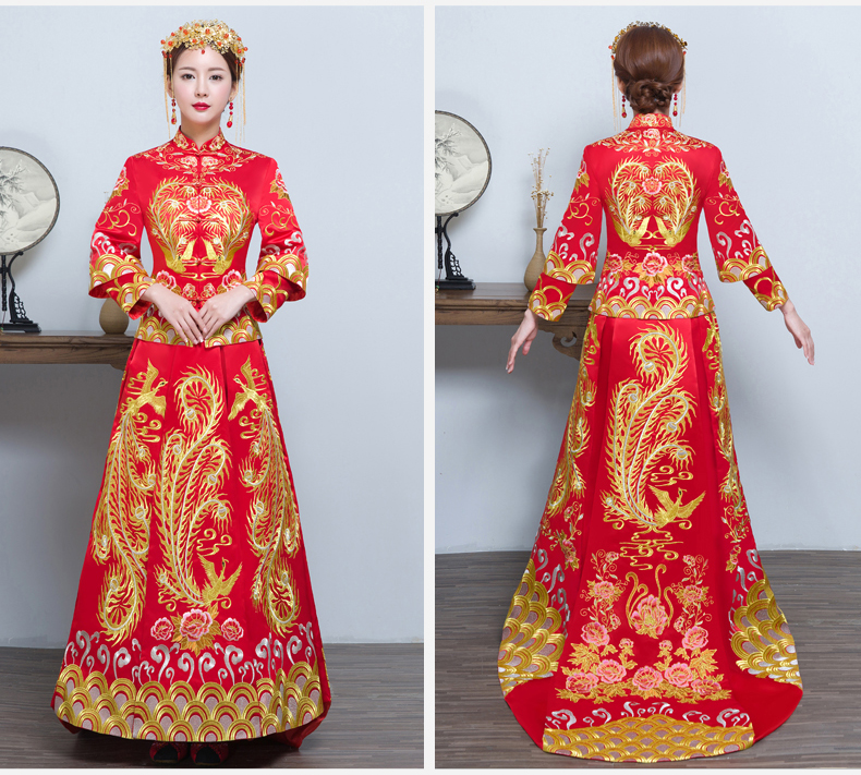 時(shí)尚中國風(fēng)拖尾中式禮服，金線刺繡新娘禮服
