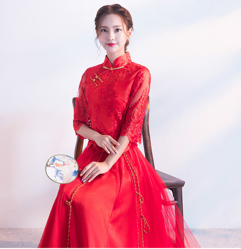 蕾絲繡花中式禮服，秀禾服紅色婚紗新娘禮服