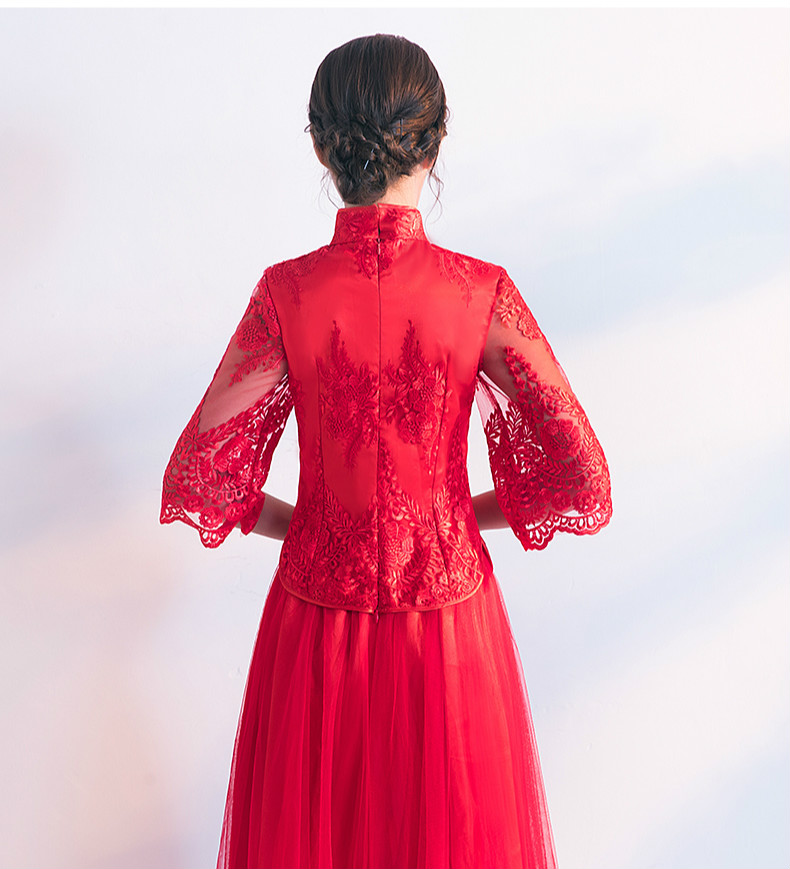 蕾絲繡花中式禮服，秀禾服紅色婚紗新娘禮服
