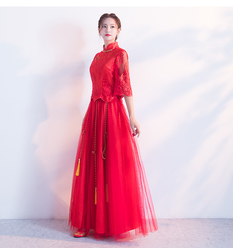 蕾絲繡花中式禮服，秀禾服紅色婚紗新娘禮服