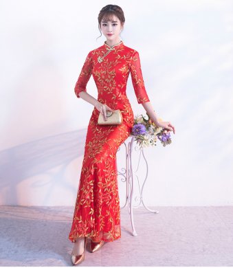 金絲葉子繡花旗袍，復(fù)古紅色旗袍裙