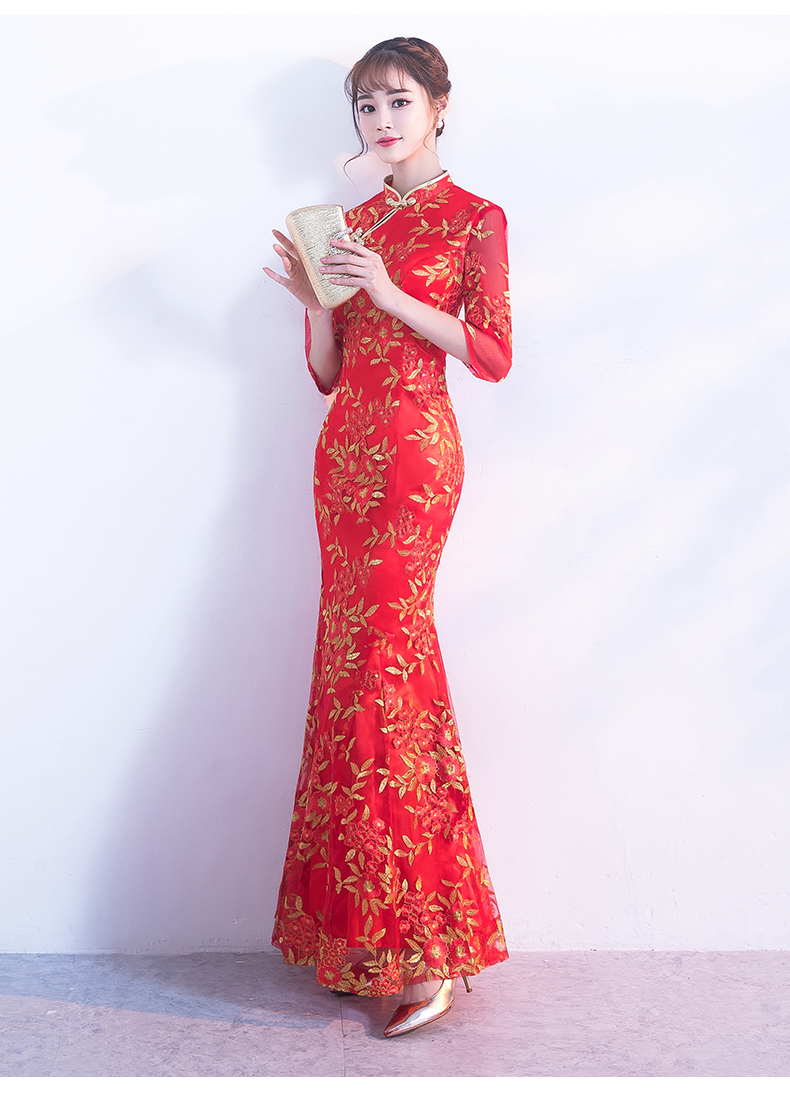 金絲葉子繡花旗袍，復(fù)古紅色旗袍裙