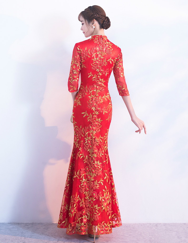 金絲葉子繡花旗袍，復(fù)古紅色旗袍裙