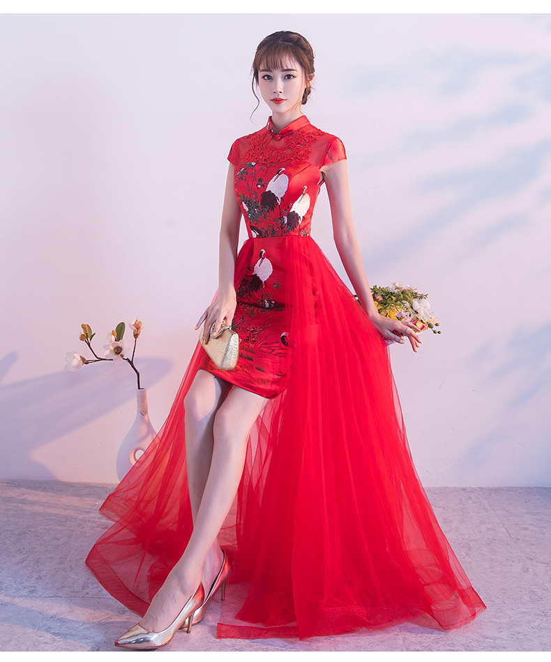 中國風紅色蕾絲中式禮服，時尚古典仙鶴晚禮服
