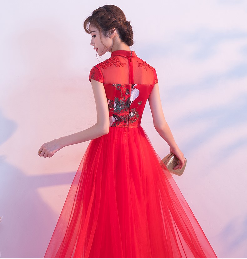 中國風紅色蕾絲中式禮服，時尚古典仙鶴晚禮服