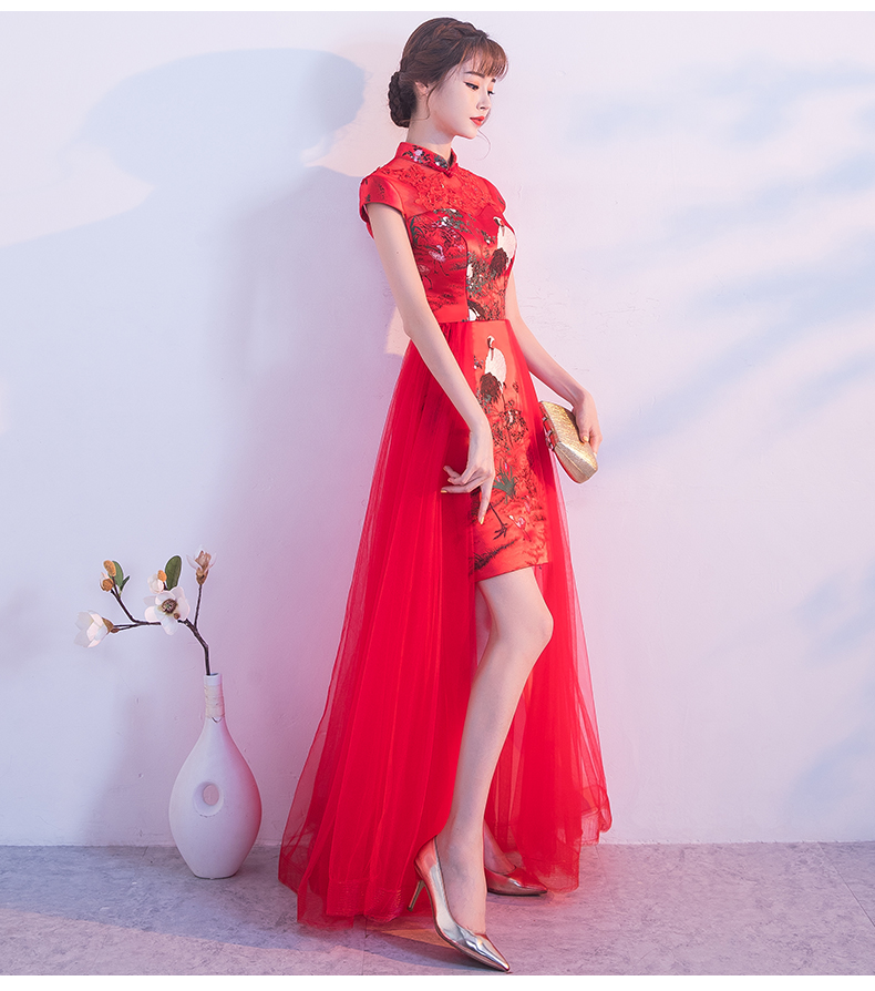 中國風紅色蕾絲中式禮服，時尚古典仙鶴晚禮服
