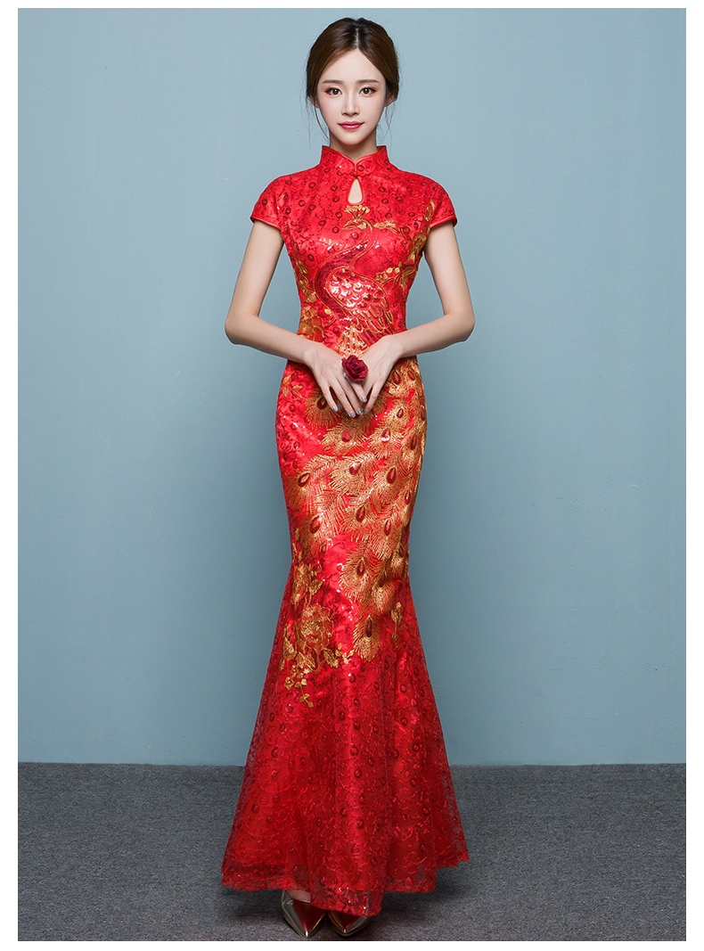 中國(guó)風(fēng)魚尾中式禮服，紅色蕾絲繡花晚禮服