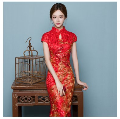 中國(guó)風(fēng)魚尾中式禮服，紅色蕾絲繡花晚禮服