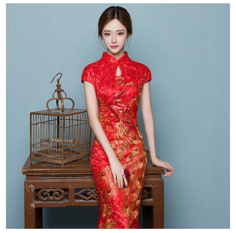 中國(guó)風(fēng)魚尾中式禮服，紅色蕾絲繡花晚禮服