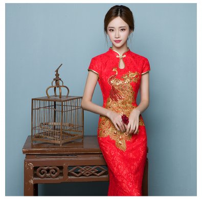 中國風魚尾中式禮服，孔雀繡花晚禮服
