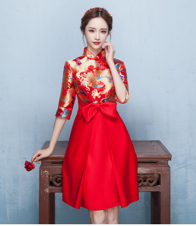 時(shí)尚典雅唯美中式禮服，短款奢華繡花禮服