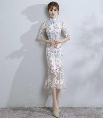 時尚氣質(zhì)淑女旗袍，改良蕾絲魚尾旗袍裙