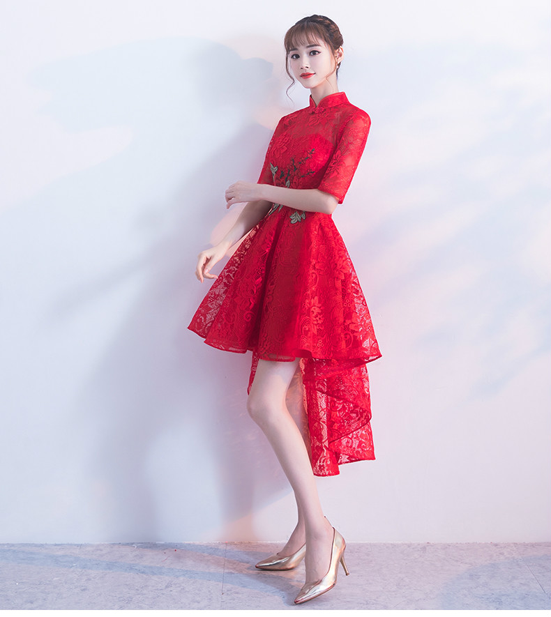 時尚蕾絲中式禮服，前長后短紅色晚禮服