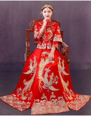 時(shí)尚中國(guó)風(fēng)中式禮服，精美奢華刺繡新娘禮服